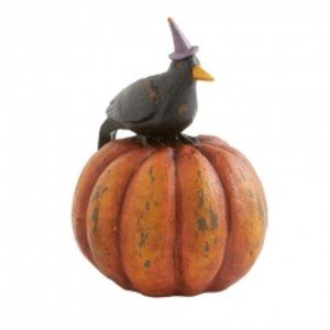 New 7" Black Crow Wearing Hat Sitting on Pumpkin